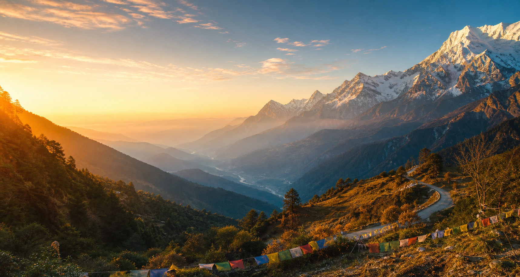 Sunrise over a Himalayan valley